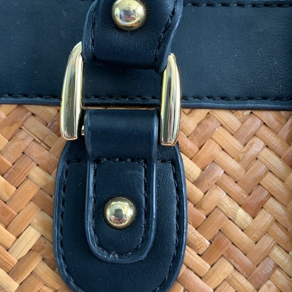 Etienne Aigner Elegant Black Leather and Tan Straw Tote Bag - Picture 4 of 14